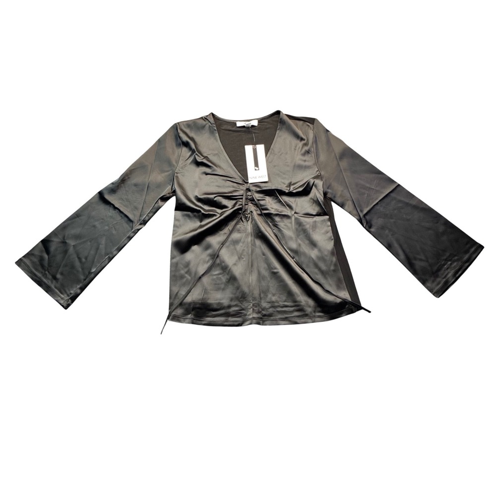 Nine West Womens Black Satin V-Neck Ruched Drawstring Blouse Top Classic Small
